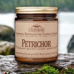 California Handcrafted Petrichor Scented Soy Wax Candle | Rich Damp Earth + Green Floral + Cucumber + Patchouli + Moss | 9 oz Jar