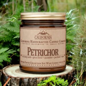 California Handcrafted Petrichor Scented Soy Wax Candle | Rich Damp Earth + Green Floral + Cucumber + Patchouli + Moss | 9 oz Jar