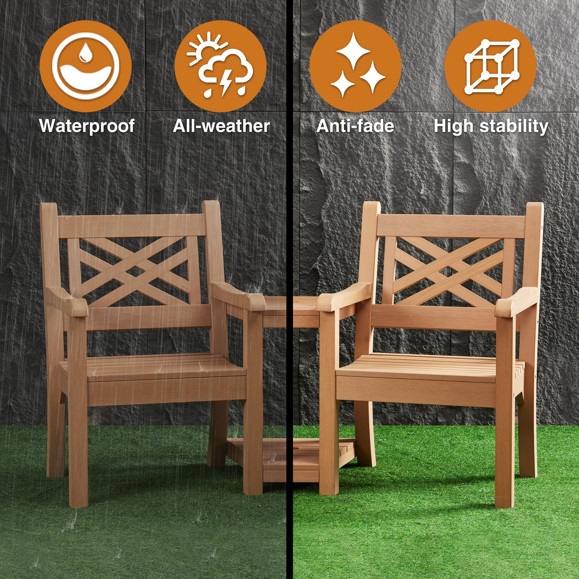 Psilvam Patio Furniture, All-Weather Poly Lumber Outdoor Loveseat, 2-Seater Outdoor Chair with Center Table & Umbrella Hole, Waterproof Accent Chairs Suitable for Lawn, Garden, Terrace (Teak Color)