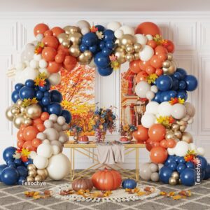 176 Pcs Fall Balloon Garland Arch Kit, Navy Royal Dark Blue Metallic Gold Orange Creamy White Balloons Arch Kit for Class of 2024 Graduation Decorations Thanksgiving Party Fall Birthday Wedding Decor