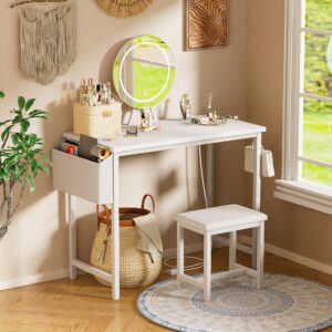 KAI-ROAD Makeup Vanity Desk with Mirror and Lights - Small White Vanity Table with Chair, Power Outlet, Modern Make Up Vanitys Desks Set, Dressing Table for Girls Bedroom