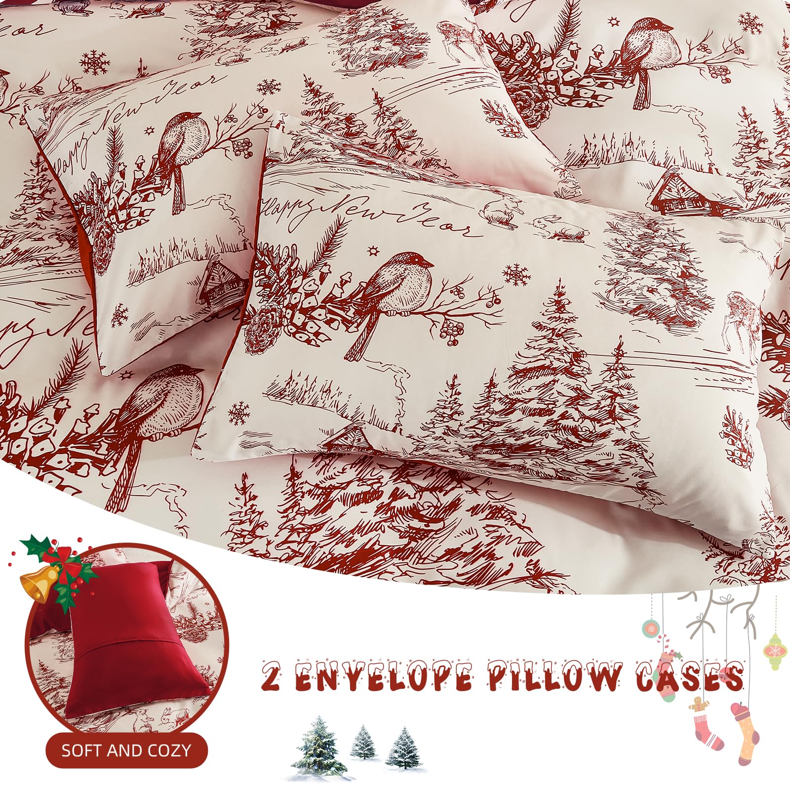 Christmas Duvet Cover Queen Size, 3PCs Red Village Christmas Bedding Set, Holiday Decor Soft Microfiber Duvet Cover and 2 Pillowcases with Zipper Closure for Kids Teens Adults (90"x90")