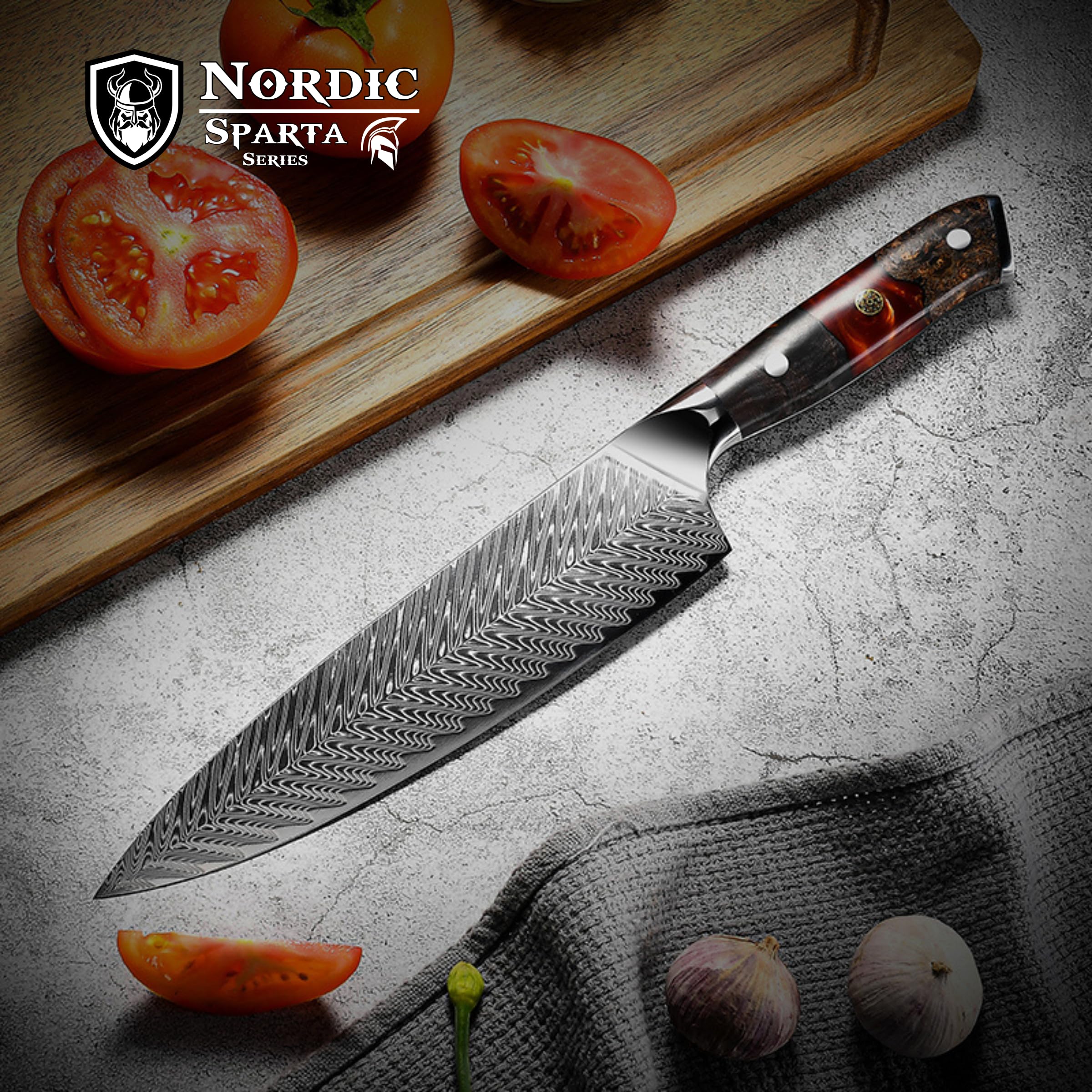 Nordic New Sparta Series Professional 8 inch Damascus Chef Knife, Japanese VG10 Super Steel, 67 Layers of Razor Sharp Damascus Steel, Resin and Maple Wood Handle and Leather Sheath