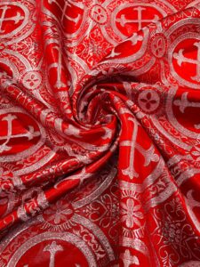 new creations fabric & foam inc, metallic cross brocade jacquard satin/religious brocade/58 inches wide/liturgical fabric/church/vestment (red/silver)