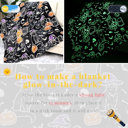 KIVEE Halloween Blanket Pumpkin Glow in The Dark Blanket Cat Halloween Decorations Cute