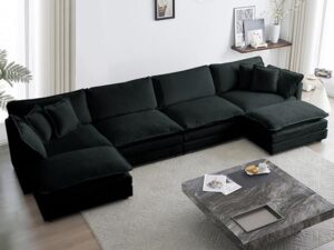 gnixuu 146“ oversized modular sectional sofa cloud couch for living room, modern chenille large u shaped couch, comfy deep seat couch with reversible chaise & cushions(6 seater, black)