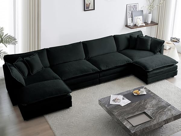 GNIXUU 146“ Oversized Modular Sectional Sofa Cloud Couch for Living Room, Modern Chenille Large U Shaped Couch, Comfy Deep Seat Couch with Reversible Chaise & Cushions(6 Seater, Black)