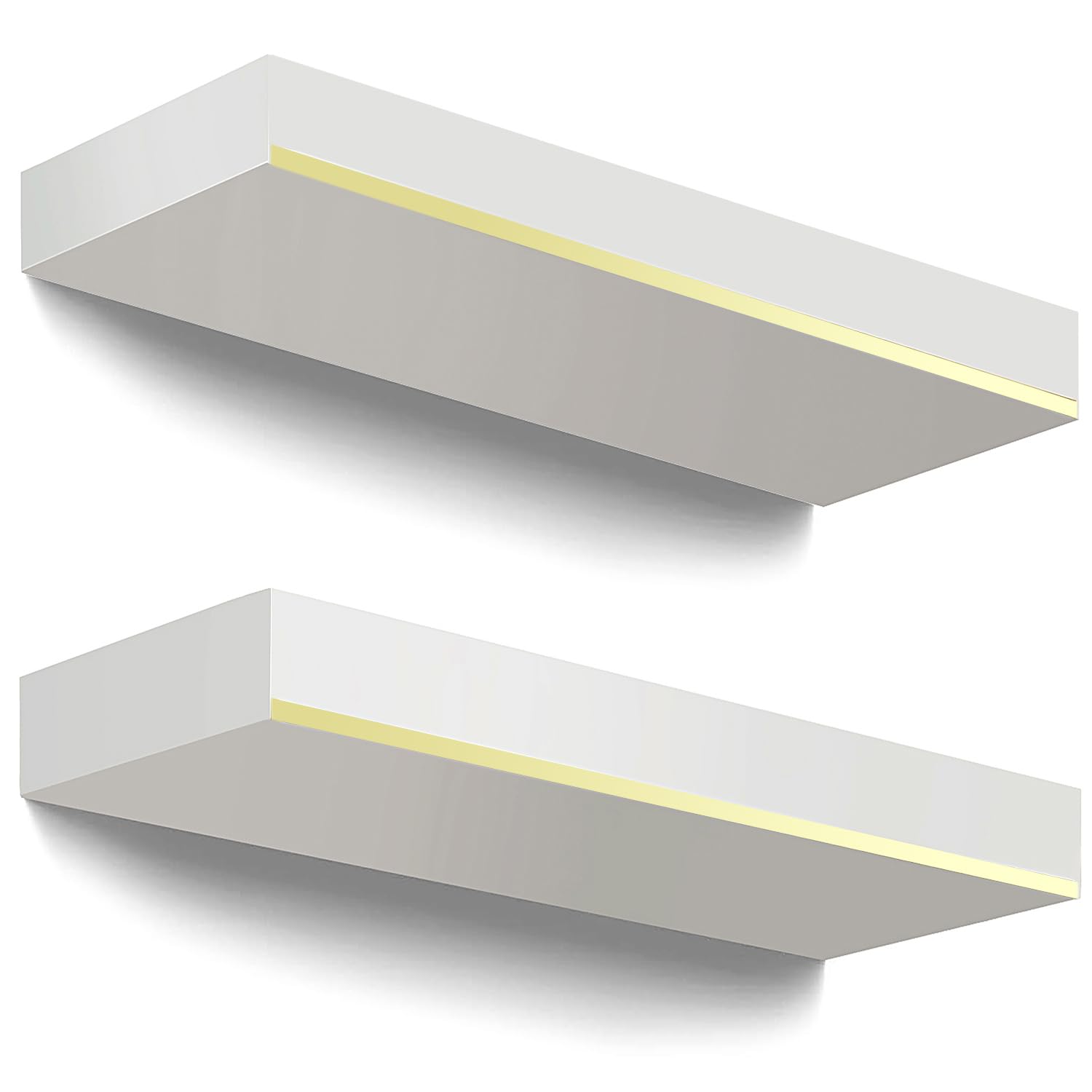 Thicked 1.78 inch Pine Wood White and Gold Shelves With Thicked 1/5 Inch Heavy Duty Bracket,16 ×6.5 Inch Gold Floating Shelves With Stainless Steel Trim Strip,White Gold Shelves for Wall set of 2