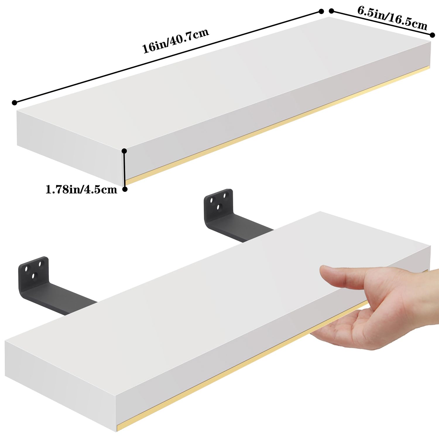 Thicked 1.78 inch Pine Wood White and Gold Shelves With Thicked 1/5 Inch Heavy Duty Bracket,16 ×6.5 Inch Gold Floating Shelves With Stainless Steel Trim Strip,White Gold Shelves for Wall set of 2