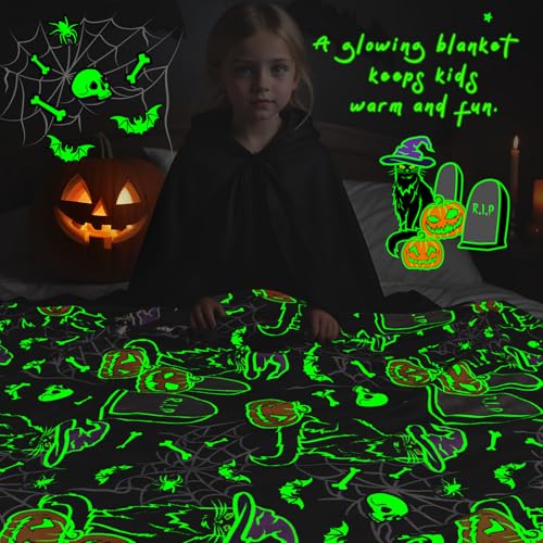 KIVEE Halloween Blanket Pumpkin Glow in The Dark Blanket Cat Halloween Decorations Cute