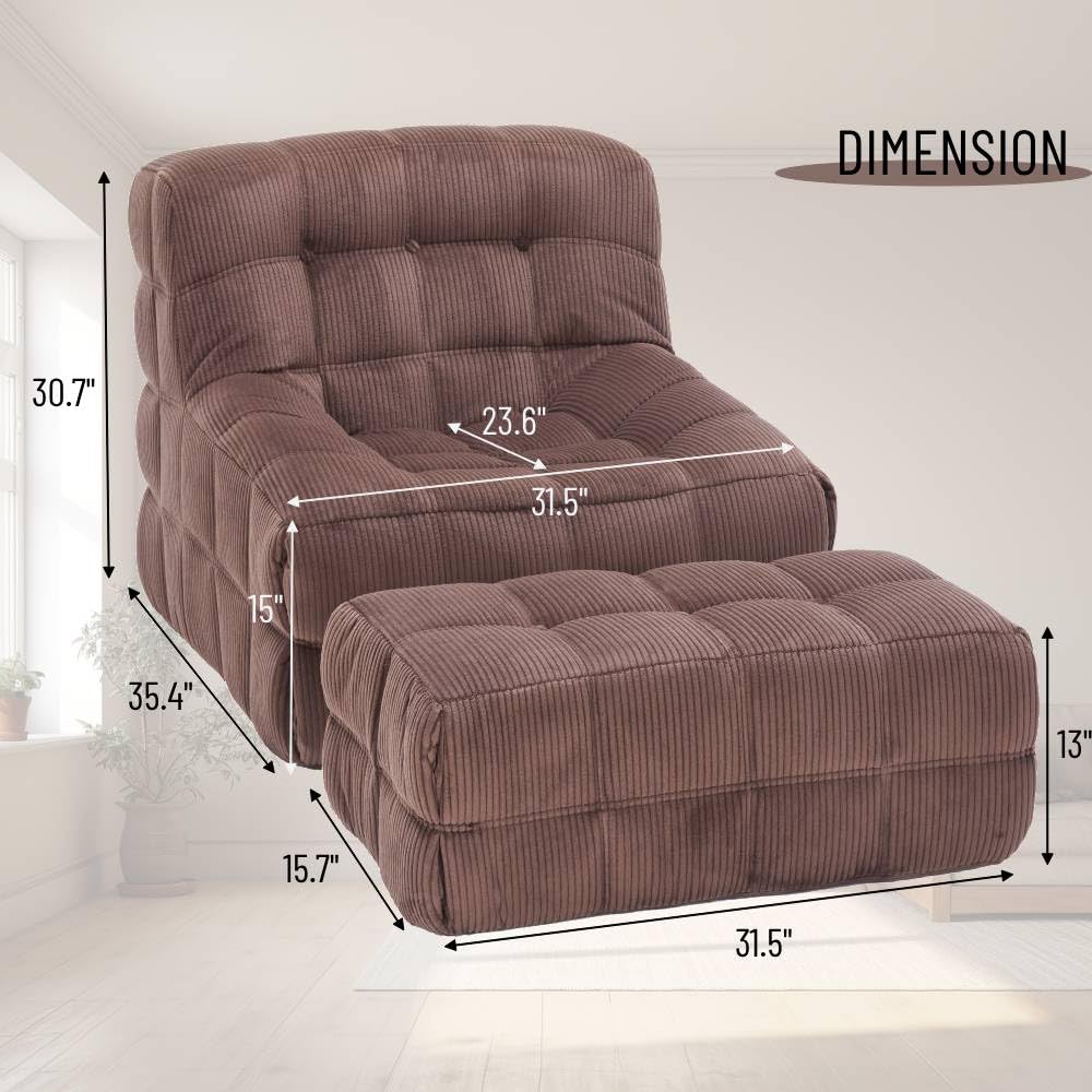 Whiterye Single Sofa Chair, Armless Foam Sofa, Floor Seating for Adults, Lazy Sofa Chair, Comfy Chair for Bedroom Living Room and Office, Chair with Ottoman Set (Brown).