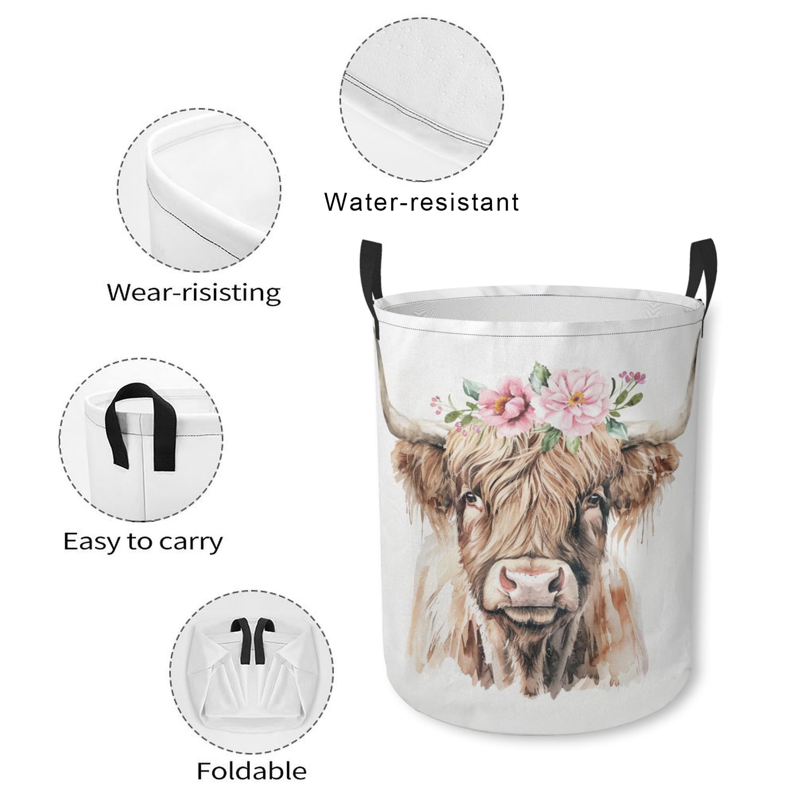 Laundry Basket Pink Floral Highland Cow Collapsible Laundry Hamper with Handles Clothes Storage Bin for Household Bedroom Bathroom College Dorms