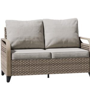 COOS BAY Wicker Outdoor Furniture Loveseat Sofa, Small Balcony Furniture Outdoor Loveseat 2 Seat Couch w/Cushions for Patio Backyard Deck Porch, Brown/Gray