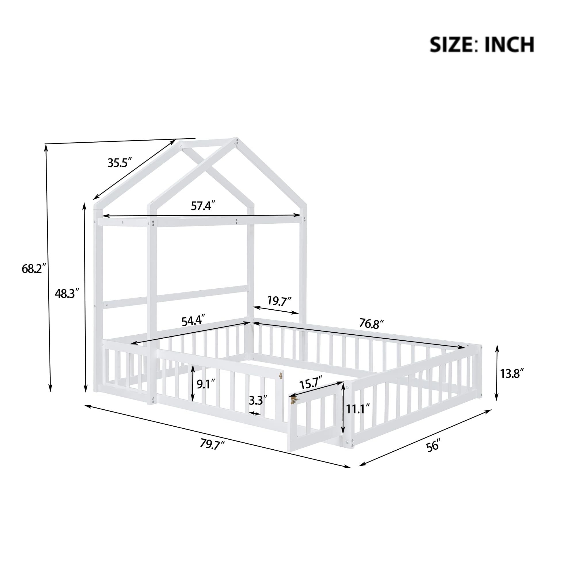 Merax Full Size Montessori Floor Bed with Fence and Door for Children Girls Boys, Wood Bed Frame with Full-Length Guardrails and Detachable House-Shaped Headboard,No Weight Limit, Kids Playroom, White