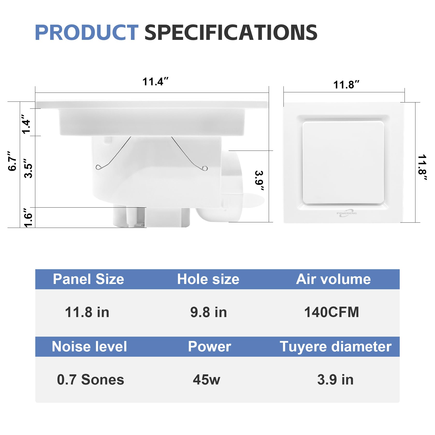 POWERENG Bathroom Ventilation Fan, 141CFM 0.7Sones Ceiling Mount Exhaust Fan,Bathroom Ceiling Fan,4 Inches Duct,White.