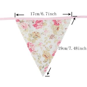 jijAcraft 39Ft Triangle Bunting Banner, 42Pcs Tea Floral Party Bunting Cotton Fabric Flags Pennant Garlands for Birthday Party, Wedding, Baby Shower, Outdoor and Home Decorations (Pink)