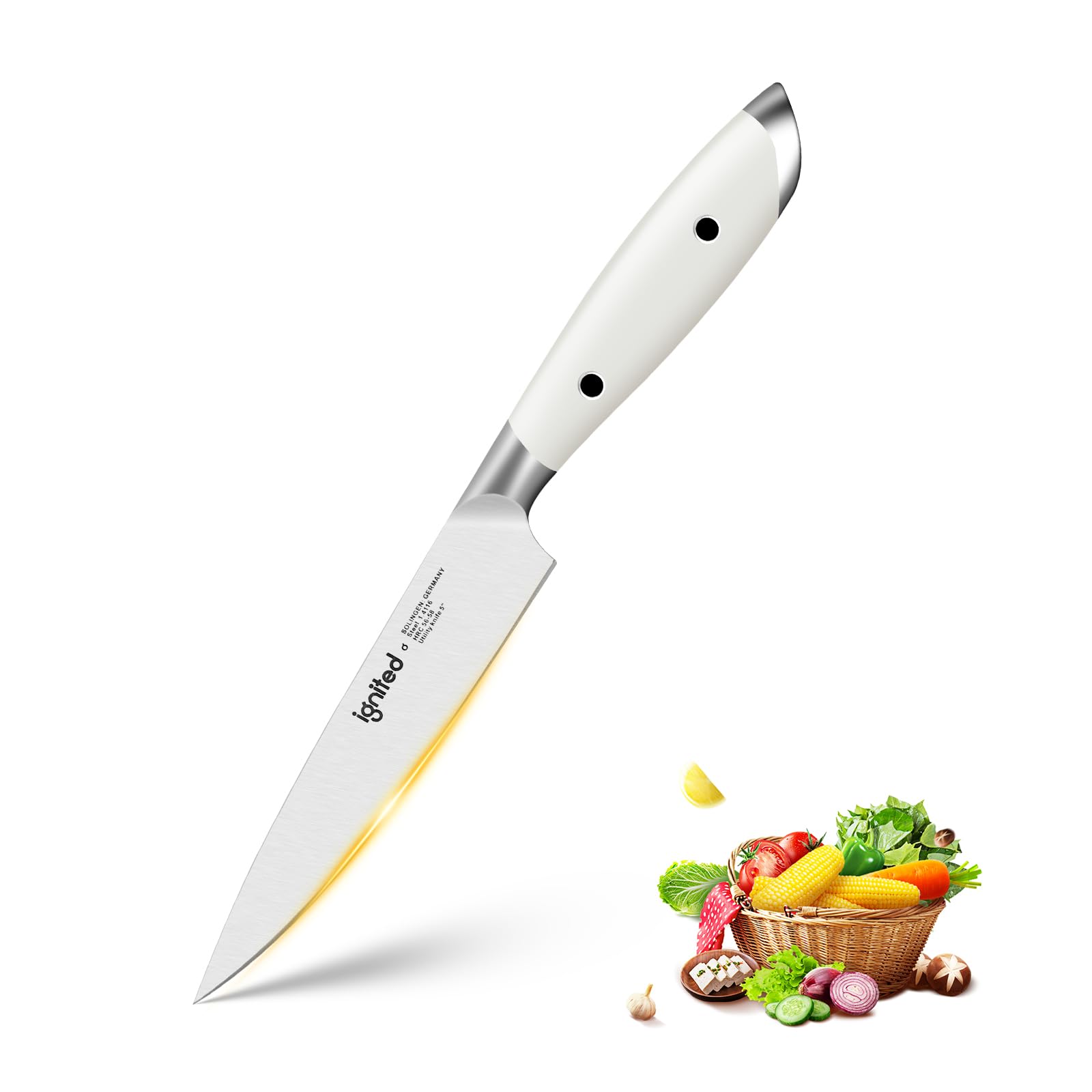 IGNITED CUTLERY 5 inch Paring Knife, German 1.4116 Stainless Steel Peeling Knife, Fruit Vegetable Knife with White ABS Handle, Razor Sharp Small Kitchen Knife with Gift Box