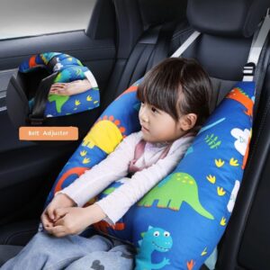 Travel Pillow Car Pillow for Kids 6 Years Old+ Kid Car Sleeping for The Back Seat of Car Seat Belt Adjuster Neck Shoulder Support on Road Trips Cartoon Anime Gift Ideas(Dinosaur)