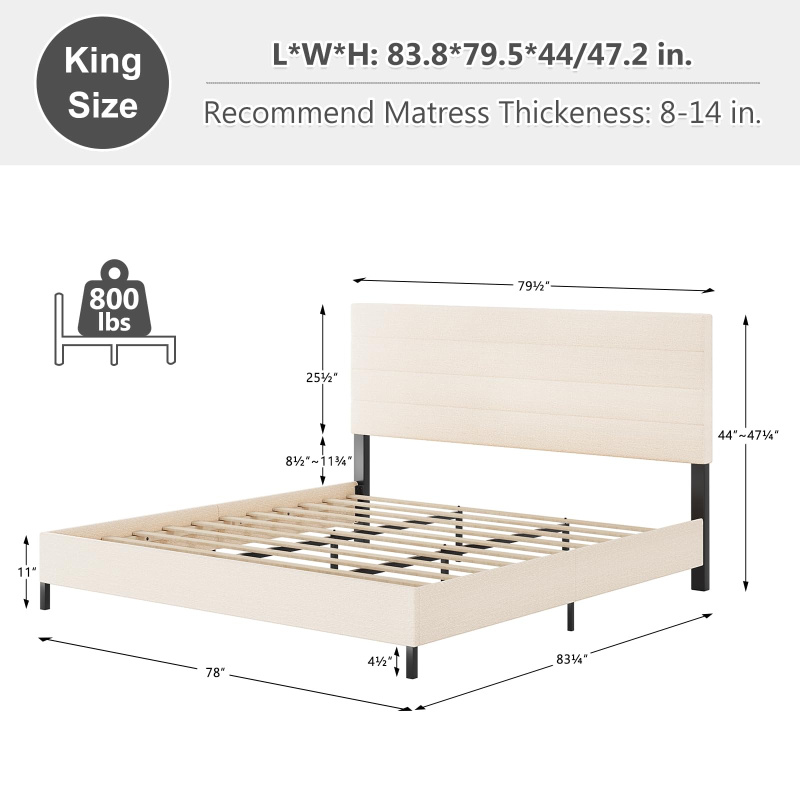 Furnihome King Bed Frame, Modern Upholstered Bed Frame King with Adjustable Linen Headboard, Wooden Slats Support Platform King Size Bed Frame, No Box Spring Needed,Easy Assembly,Beige