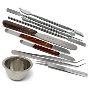 10 pcs multipurpose lab spatulas kit stainless steel micro sampling scoop measuring spoons with fahenstock, tweezers, forceps & mixing cup for scientific laboratory experiment labware supplies