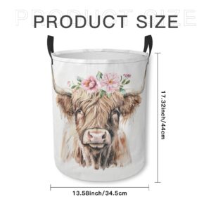 Laundry Basket Pink Floral Highland Cow Collapsible Laundry Hamper with Handles Clothes Storage Bin for Household Bedroom Bathroom College Dorms