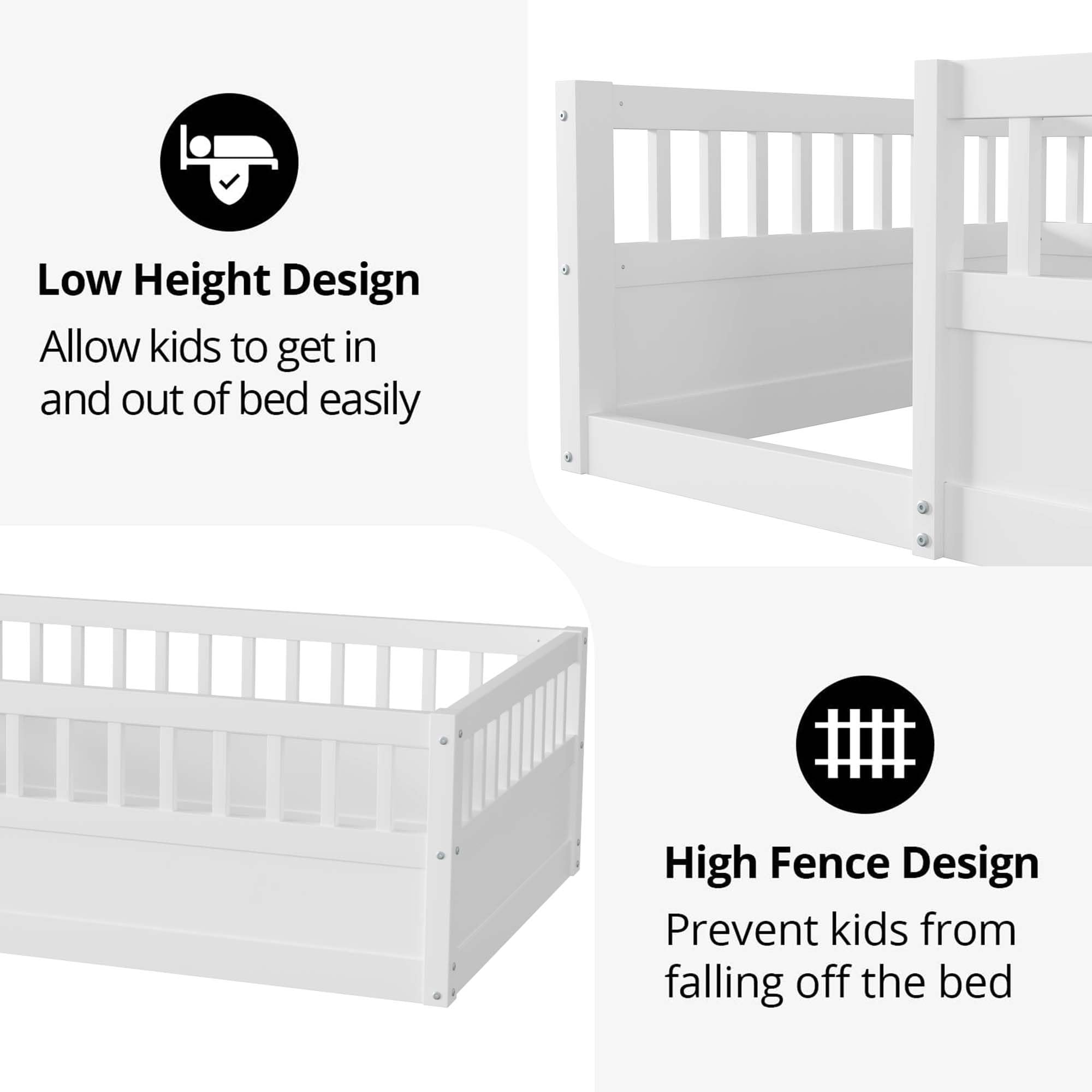 Twin Size Floor Bed with High Fence Rails, Solid Wood Montessori Floor Bed for Baby,Kids Twin Bed Frame for Girls, Boys, Floor Bed Without Slats as Kids Playground,White