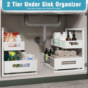 Under Sink Organizer and Storage Adjustable Height 2 Tier Bathroom Organizer Pull Out Cabinet Organerkitchen organizers and storage fridge organizers and storage,White,XL-1 Pack