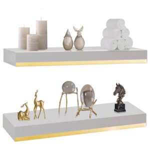 thicked 1.78 inch pine wood white and gold shelves with thicked 1/5 inch heavy duty bracket,16 ×6.5 inch gold floating shelves with stainless steel trim strip,white gold shelves for wall set of 2