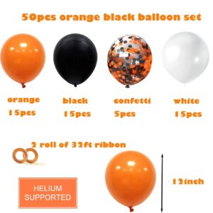 Halloween Orange Black and White Balloons Decorations, 50pcs 12 Inch Black Orange Confetti Latex Balloons for Baby Shower Birthday Anniversary Graduation Party Supplies