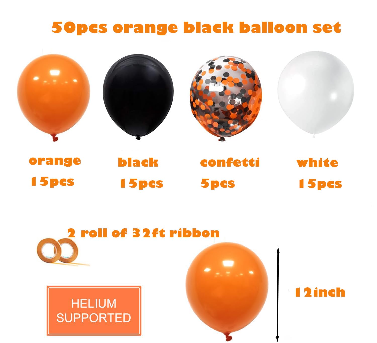 Halloween Orange Black and White Balloons Decorations, 50pcs 12 Inch Black Orange Confetti Latex Balloons for Baby Shower Birthday Anniversary Graduation Party Supplies