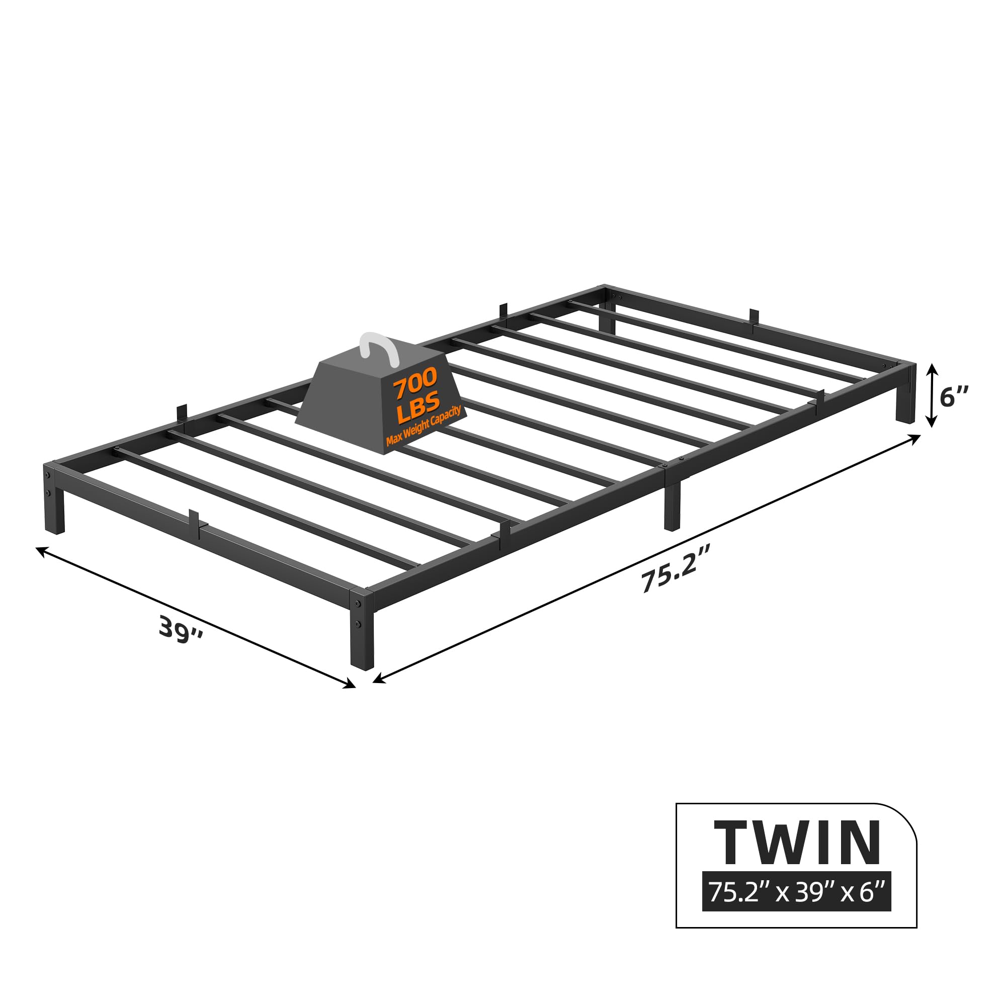 coucheta Twin Size Bed Frame, 6-inch Metal Low Platform Bed Frame, Twin Size Bed Frame with Metal Slat Support, Mattress Foundation, No Box Spring Needed, Noiseless Design