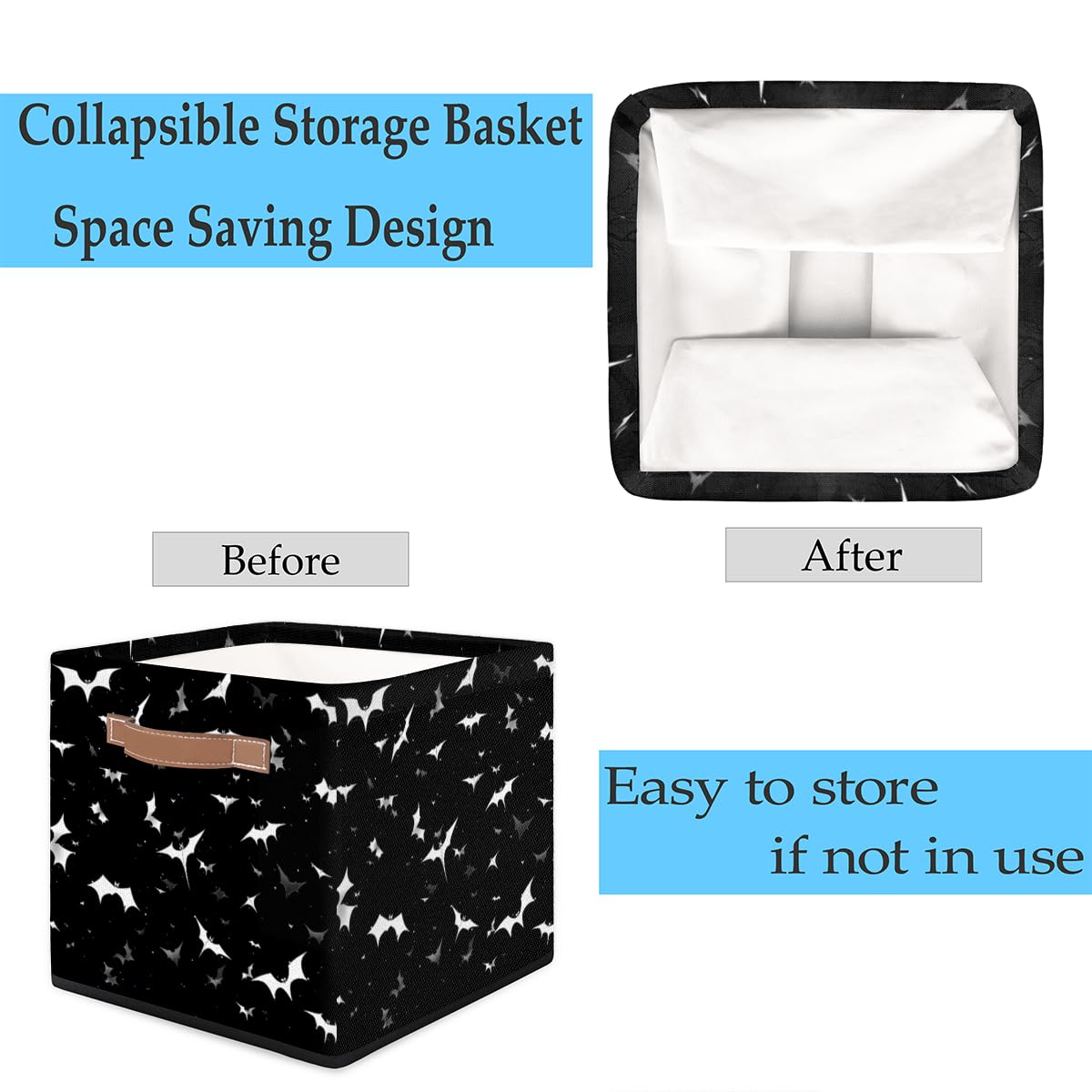 Skonsati Black White Bat Cube Storage Bin 13 inch Fabric Storage Baskets Collapsible Storage Cube Bins Organizer Containers with Leather Handles for Home Closet