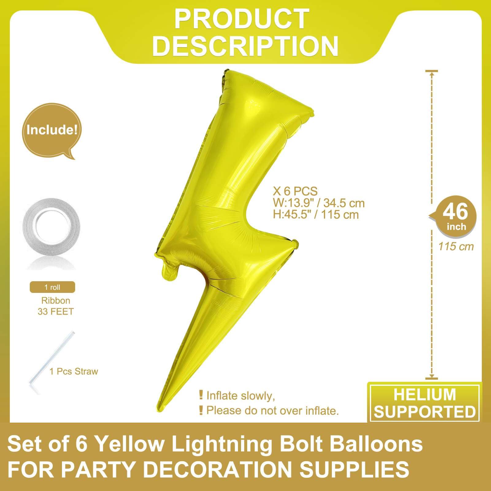 6 Pcs Lightning Balloons Giant 45 Inch Yellow Lightning Flash Balloons Lightning Bolt Shape Foil Balloons for Birthday Party Wedding Baby Shower Decoration Supplies