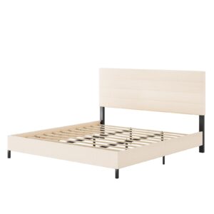 Furnihome King Bed Frame, Modern Upholstered Bed Frame King with Adjustable Linen Headboard, Wooden Slats Support Platform King Size Bed Frame, No Box Spring Needed,Easy Assembly,Beige