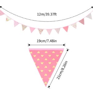 jijAcraft 39Ft Triangle Bunting Banner, 42Pcs Tea Floral Party Bunting Cotton Fabric Flags Pennant Garlands for Birthday Party, Wedding, Baby Shower, Outdoor and Home Decorations (Pink)