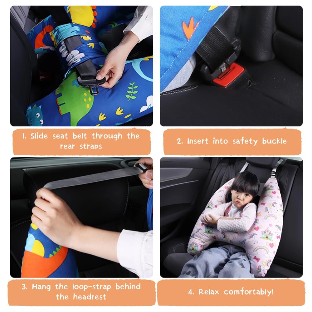 Travel Pillow Car Pillow for Kids 6 Years Old+ Kid Car Sleeping for The Back Seat of Car Seat Belt Adjuster Neck Shoulder Support on Road Trips Cartoon Anime Gift Ideas(Dinosaur)