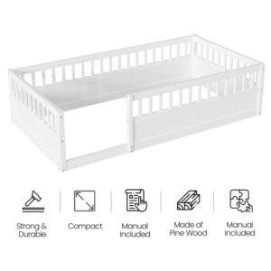 Twin Size Floor Bed with High Fence Rails, Solid Wood Montessori Floor Bed for Baby,Kids Twin Bed Frame for Girls, Boys, Floor Bed Without Slats as Kids Playground,White