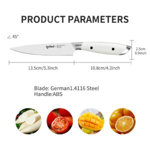 IGNITED CUTLERY 5 inch Paring Knife, German 1.4116 Stainless Steel Peeling Knife, Fruit Vegetable Knife with White ABS Handle, Razor Sharp Small Kitchen Knife with Gift Box