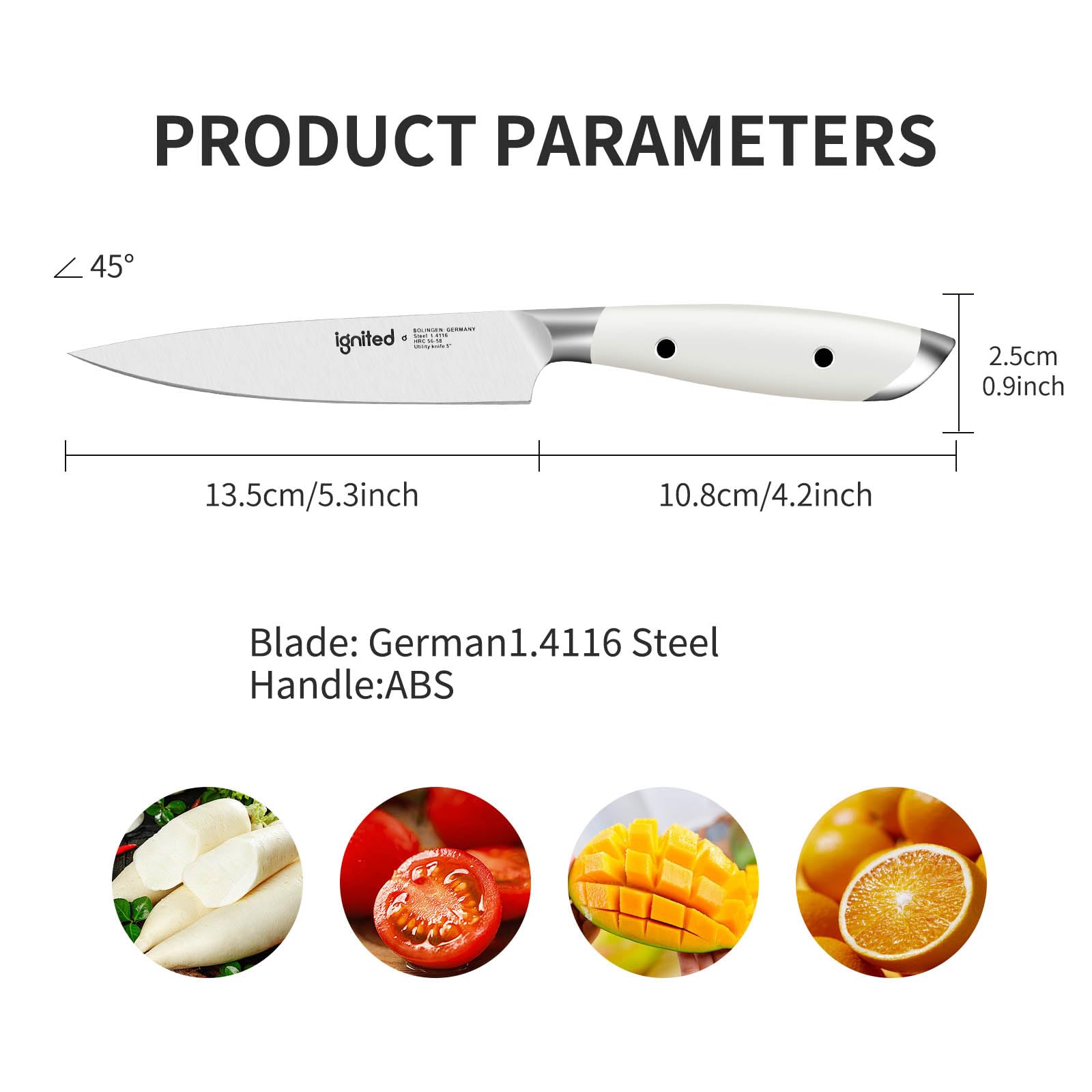 IGNITED CUTLERY 5 inch Paring Knife, German 1.4116 Stainless Steel Peeling Knife, Fruit Vegetable Knife with White ABS Handle, Razor Sharp Small Kitchen Knife with Gift Box