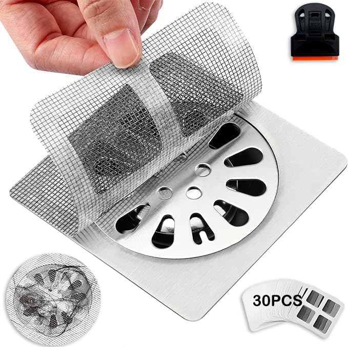 30PCS Pack 4" X 4" Disposable Shower Drain Hair Catcher, Floor Drain Sticker, Bathroom,Bathtub,Sink, Kitchen,Drain Mesh Cover,Drain Mesh Strainer