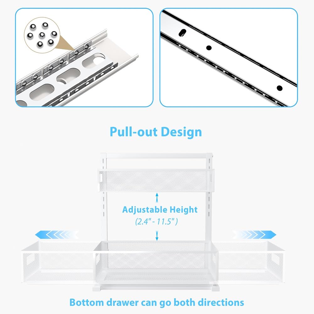 Under Sink Organizer and Storage Adjustable Height 2 Tier Bathroom Organizer Pull Out Cabinet Organerkitchen organizers and storage fridge organizers and storage,White,XL-1 Pack