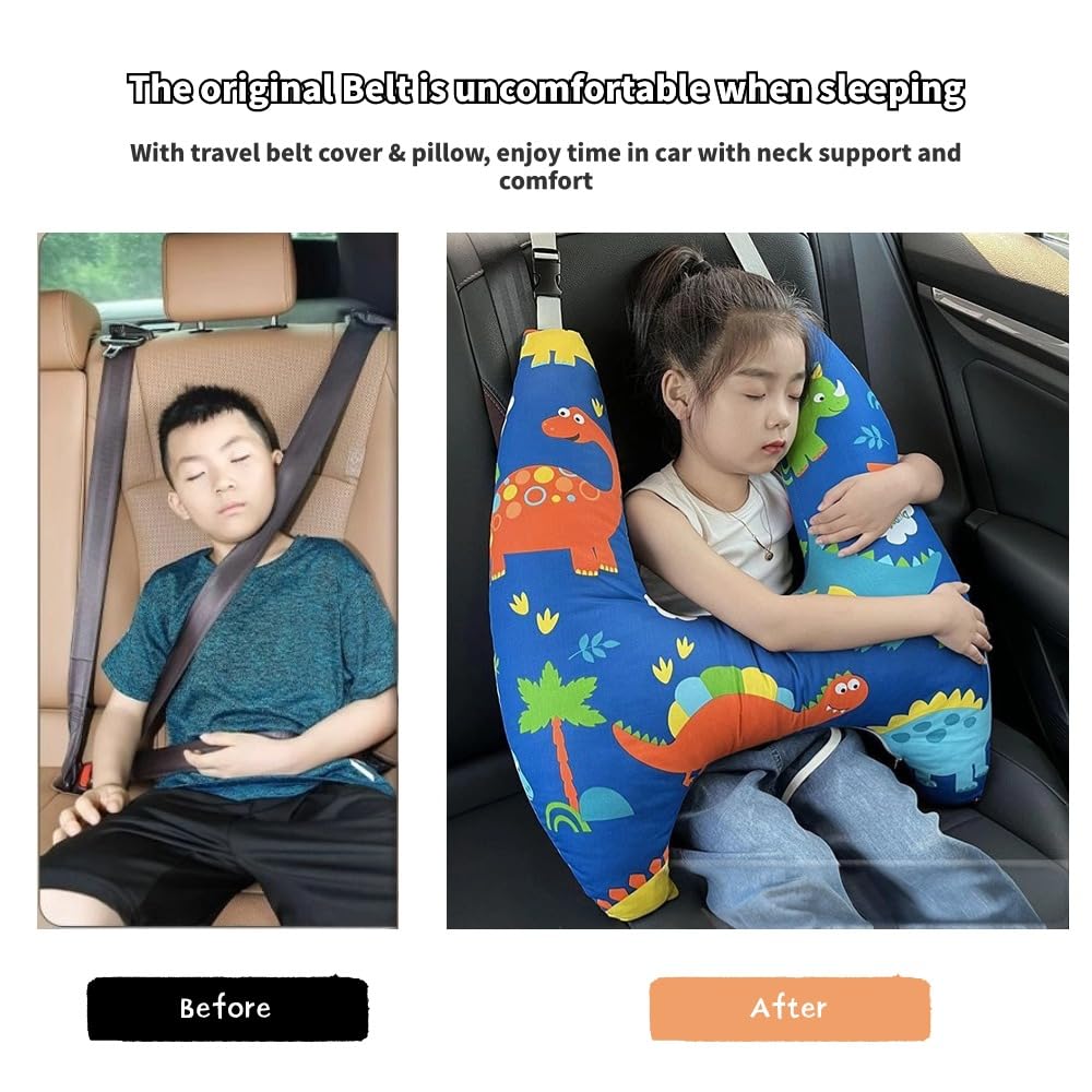 Travel Pillow Car Pillow for Kids 6 Years Old+ Kid Car Sleeping for The Back Seat of Car Seat Belt Adjuster Neck Shoulder Support on Road Trips Cartoon Anime Gift Ideas(Dinosaur)