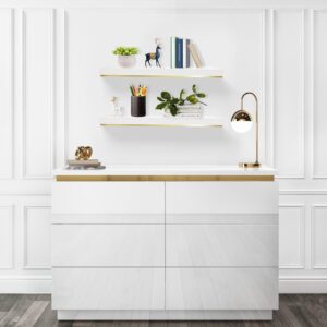 Thicked 1.78 inch Pine Wood White and Gold Shelves With Thicked 1/5 Inch Heavy Duty Bracket,16 ×6.5 Inch Gold Floating Shelves With Stainless Steel Trim Strip,White Gold Shelves for Wall set of 2