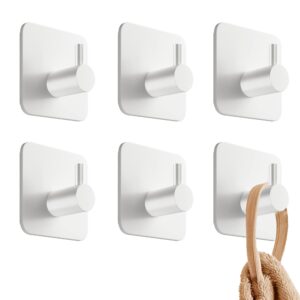 4smile towel hooks for bathrooms, set of 6 - white adhesive hooks, durable adhesive wall hooks - strong adhesive towel hooks, stick on hooks