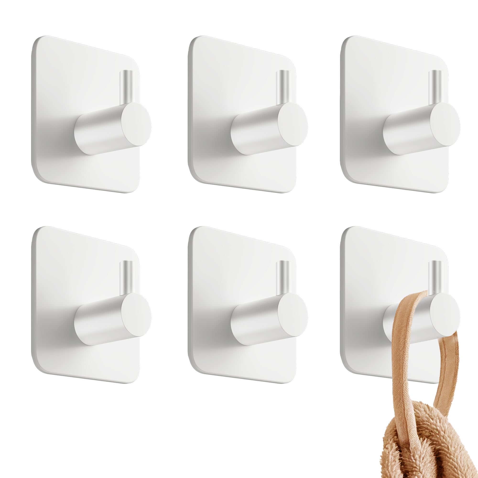 4smile Towel Hooks for bathrooms, Set of 6 - White Adhesive Hooks, Durable Adhesive Wall Hooks - Strong Adhesive Towel Hooks, Stick on Hooks