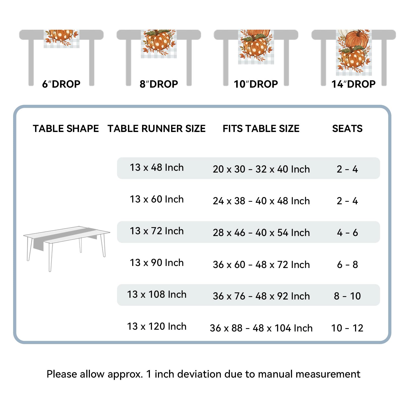 Romanstile Pumpkin Leaves Fall Table Runner, Buffalo Plaid Autumn Thanksgiving Harvest Farmhouse Style Table Decoration for Dining, Party, Holiday - 13x72 Inch, Grey Blue