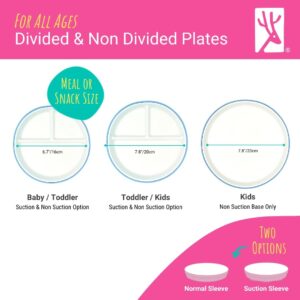 Elk and Friends Kids 6.7” Porcelain White Plates with Silicone Suction Sleeves Sleeves | Divided Plates | Suitable for Babie/Kids/Toddlers | Microwave & Dishwasher Safe | Non Slip | Snack Dishes