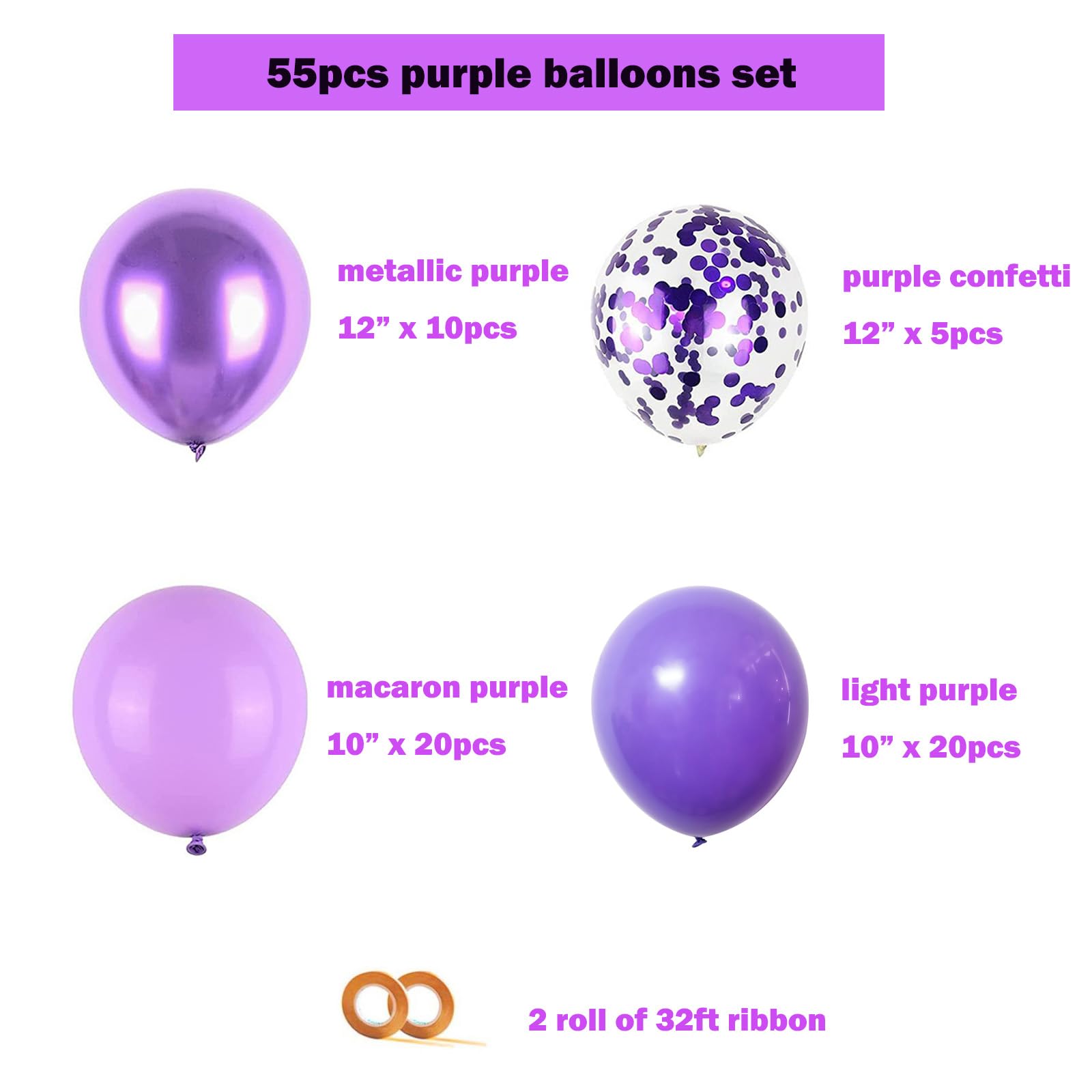 55pcs Metallic Purple Premium Latex Lavender Lilac Balloons 12 inches and Purple Confetti Balloons with Ribbons Set for Birthday Bridal Shower Wedding Party Decorations