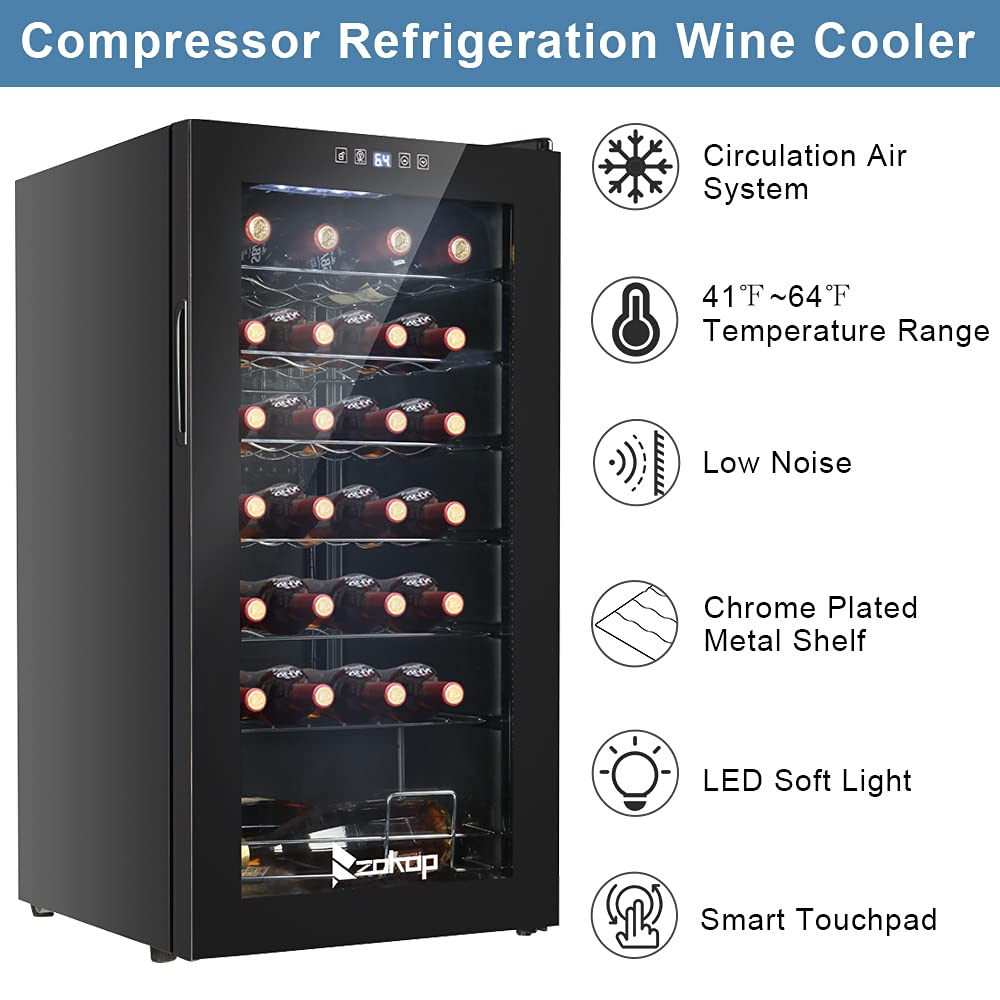 Winado Wine Cooler Refrigerator, 28 Bottle Freestanding Compressor Wine Cooler w/Digital Temp Control, Mini Wine Fridge with Double-Layer Glass Door & Removable Shelves