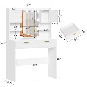 usikey Vanity Desk with Mirror and Lights, Makeup Vanity Table with 2 Drawers, 2 Cabinets & 2 Shelves, Vanity Desk, Vanity Table for Girls Women, Bedroom, White